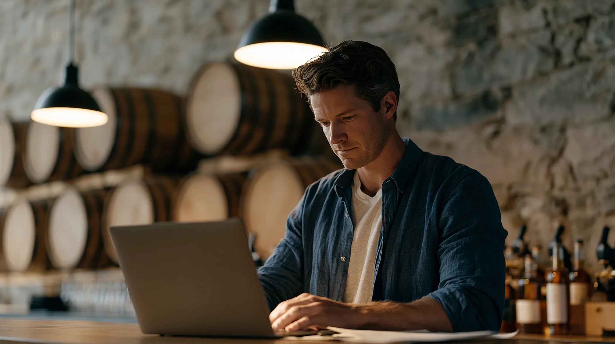 Winery owner reviewing their website on a laptop in the tasting room
